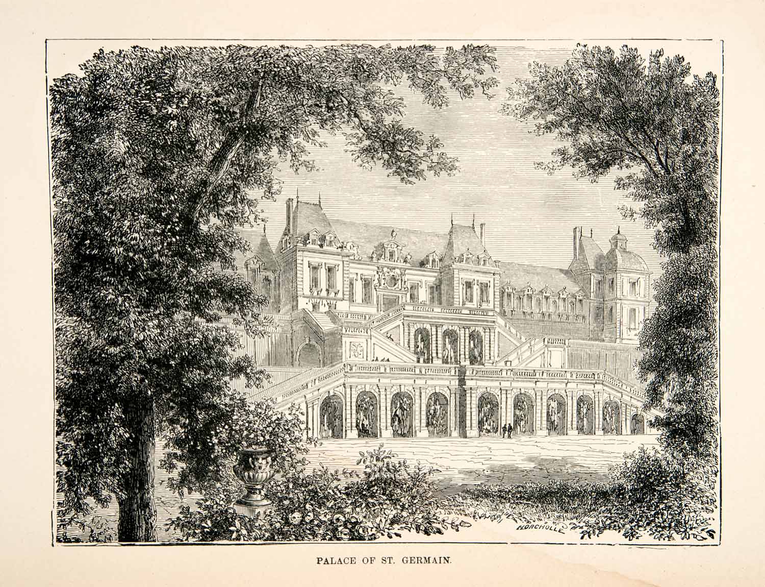 1877 Wood Engraving Palace of St. Germain Architecture Art Garden Paris XEA7