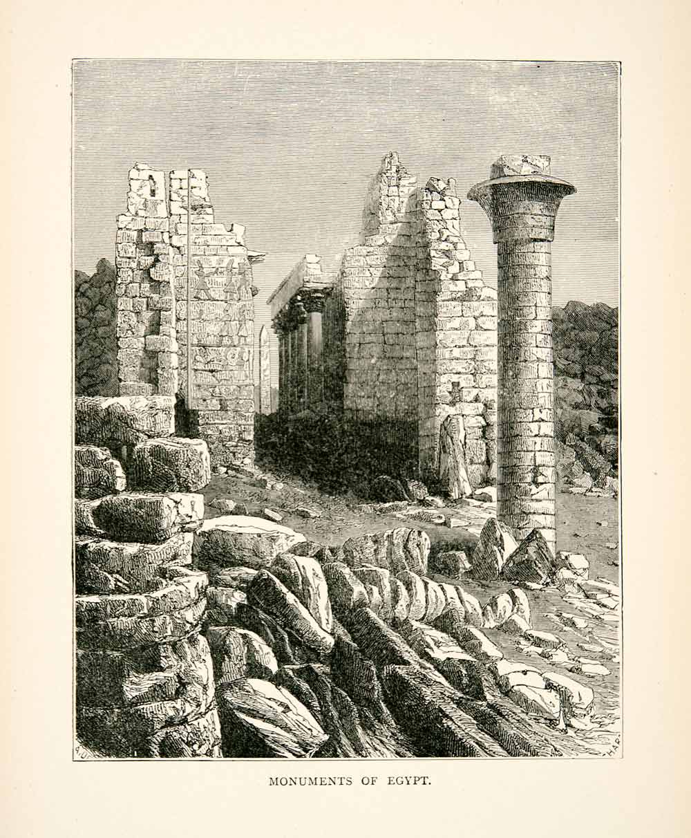 1877 Wood Engraving Ruin Egypt Monument Archeology Architecture Desert XEA7