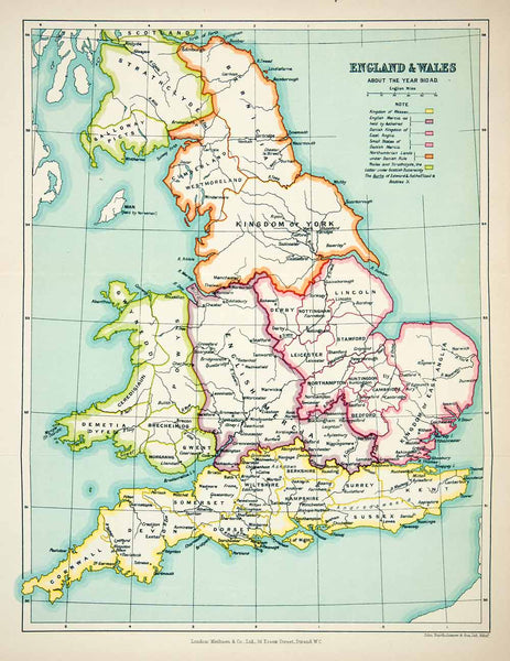 1923 Lithograph England Wales Map Anglia Lincoln Sussex Dorset Devon X ...