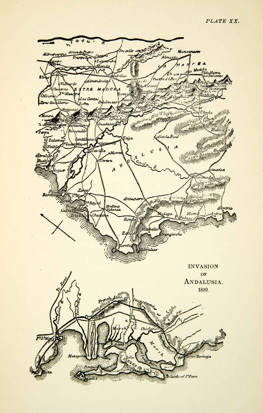 1904 Print Map Napoleonic Penninsular War Invasion Andalusia French Spain XEDA9