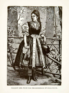 1901 Wood Engraving Peasant Girl Costume Water Jug Dress Ethnic Art XEE2