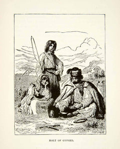 1901 Wood Engraving Camp Picnic Gypsy Costume Ethnic Art Fire Cook Pipe XEE2