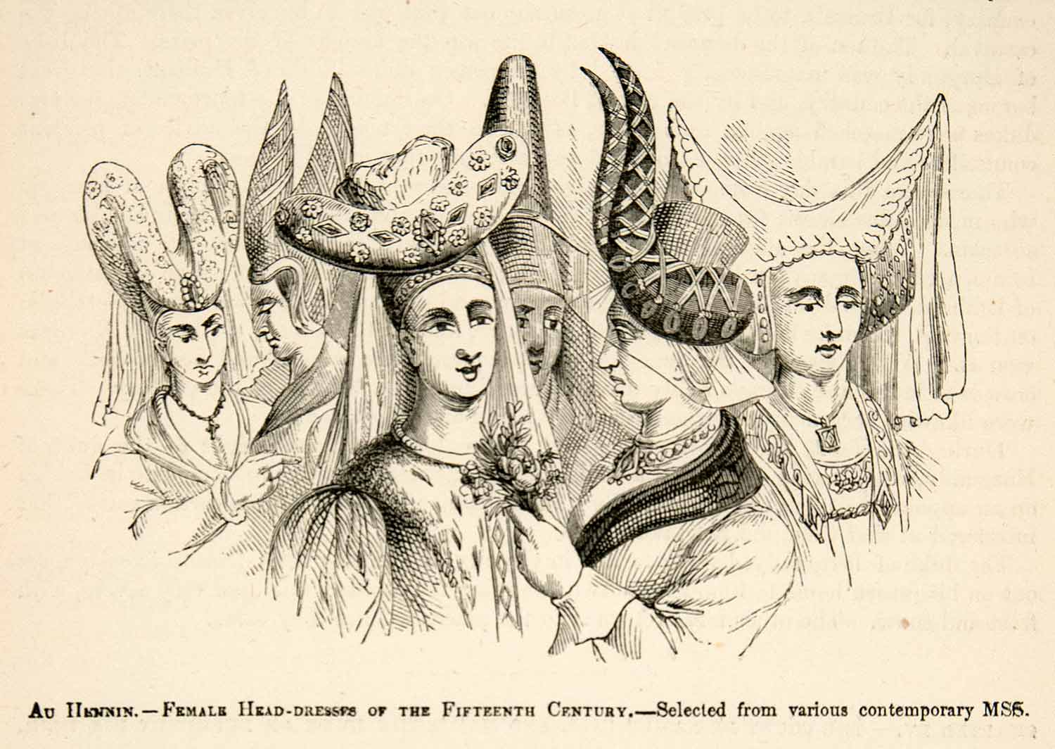 1877 Woodcut Au Hennin Female Head-Dresses Fifteenth Century Mideival XEF4