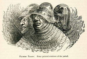 1877 Woodcut Flemish Troops War France Medieval Royalty Helmets Costume XEF4