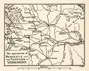 1893 Lithograph Map English Civil War Newcastle Fairfax Yorkshire XEF6