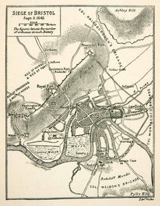 1893 Lithograph Siege Bristol English Civil War Map Military Royalist XEF6