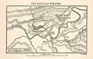 1893 Lithograph Battle Preston English Civil War Map Parliamentarian XEF6