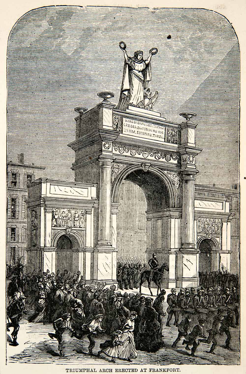 1871 Wood Engraving Triumphal Arch Frankfurt Germany Franco Prussian War XEF7