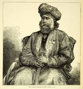 1883 Wood Engraving Portrait Nawab Gholam Hussein Khan Cultural Costume XEGA3