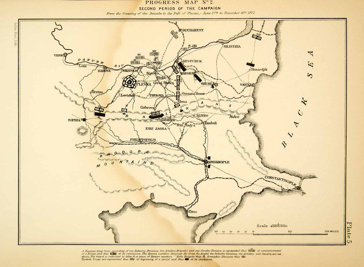 1880 Photolithographed Map Russo-Turkish War Russian Turkish Army Seco ...