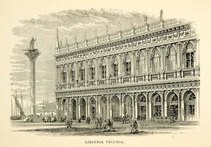 1869 Wood Engraving Biblioteca Marciana Libreria Vecchia Venice Italy XEHA8