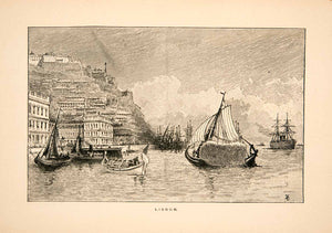 1893 Wood Engraving Lisbon Portugal Ships Sailing Harbor Atlantic Ocean XEI5