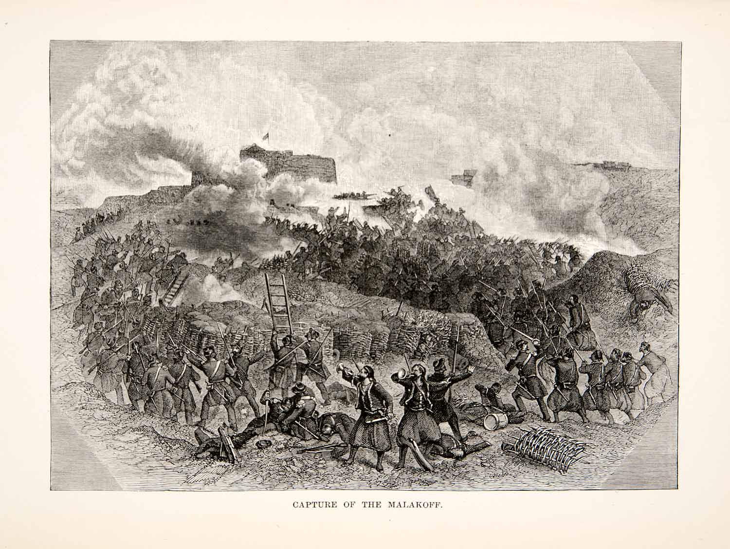 1881 Wood Engraving Battle Malakoff Sevastopol Ukraine Crimean War XEI9