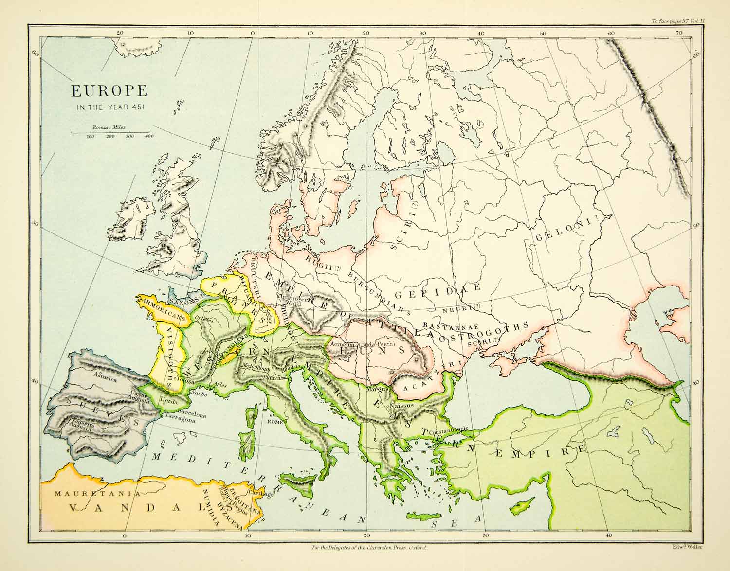 1892 Photolithographed Map Europe Vandals Eastern Empire Geloni Rugii Huns XEJA4