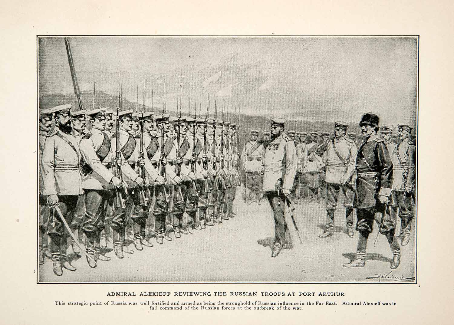 1904 Print Russo Japanese War Admiral Alexieff Troops Inspection Port XEM9