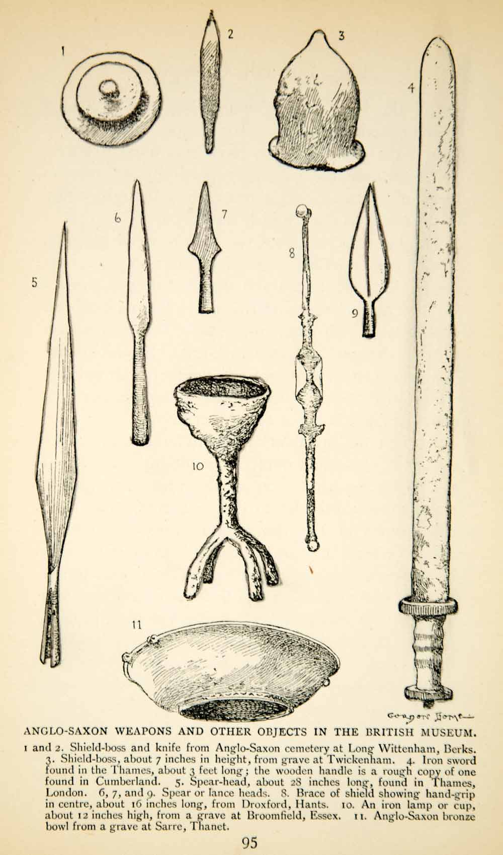 1915 Print Gordon Home Art Anglo-Saxon Weapons British Museum Archaeology XENA2