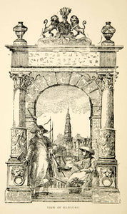 1893 Print View Hamburg Germany Decorative Entryway Cityscape Figures XENA5
