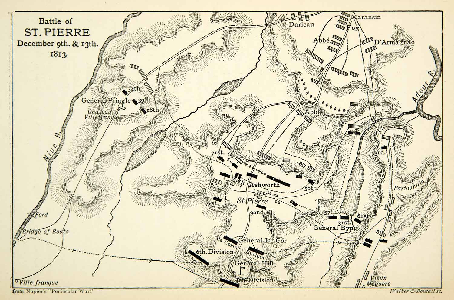 1898 Print Map Battle Nive St Pierre Peninsular War Bayonne France XENA6