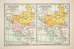 1929 Print Map Balkan States Treaty Berlin Bucharest San Stefano Enos Midia XEO2