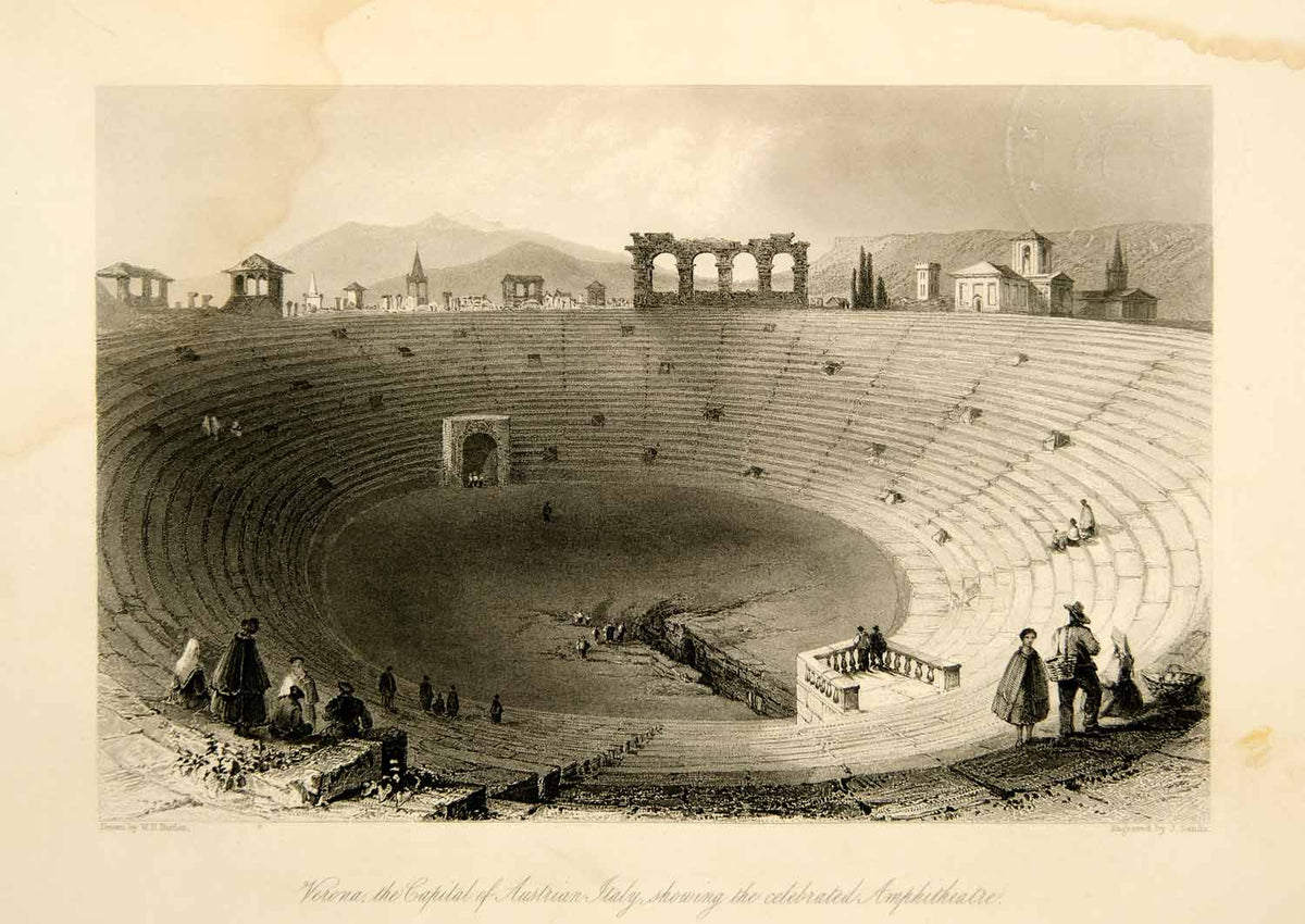 1861 Steel Engraving Amphitheater Verona Italy Austrian Architecture X ...