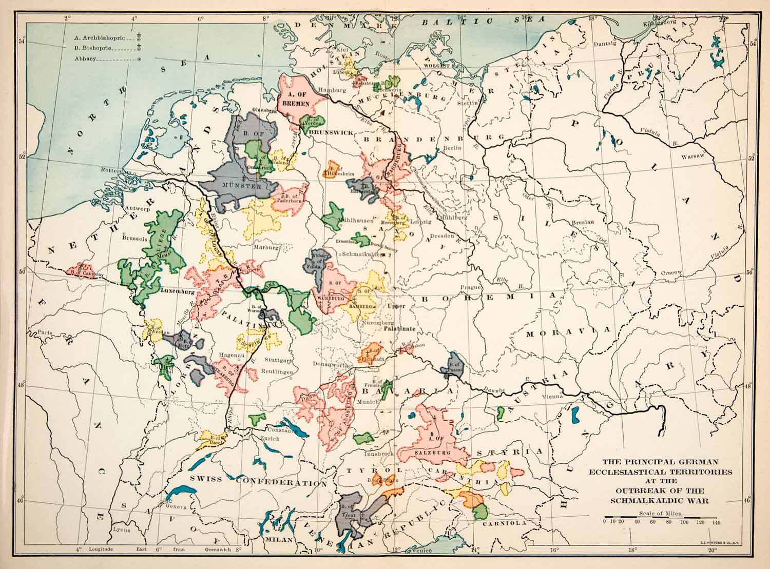 1915 Print Map Germany Ecclesiastical Territories Schmalkaldic Wars Br ...