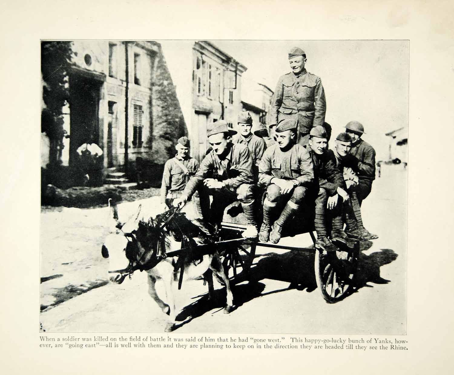 1934 Print WWI Doughboys US Army Soldiers Military Donkey Mule Cart Wagon XEQA6
