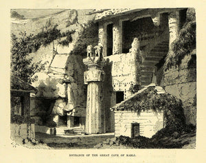 1878 Wood Engraving Entrance Great Cave Karli India Karla Buddhist XGA4