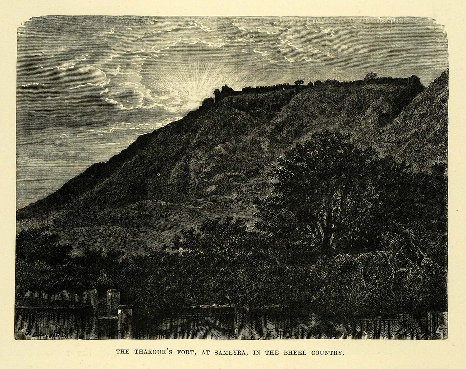 1878 Wood Engraving Thakour Fort Sameyra Bhil Bheel India Castle XGA4