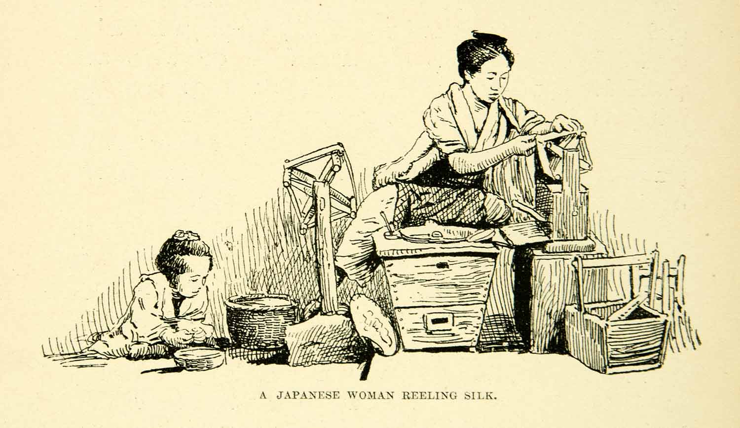 1893 Print Japanese Reeling Silk Traditional Craft Cocoon Thread Child XGAE2