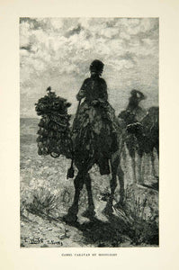 1896 Wood Engraving Camel Caravan Moonlight Desert Middle East Edwin Lord XGAF9