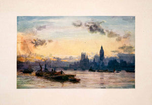 1905 Print Thames London Westminster Houses Parliament William Lionel Wyllie Art