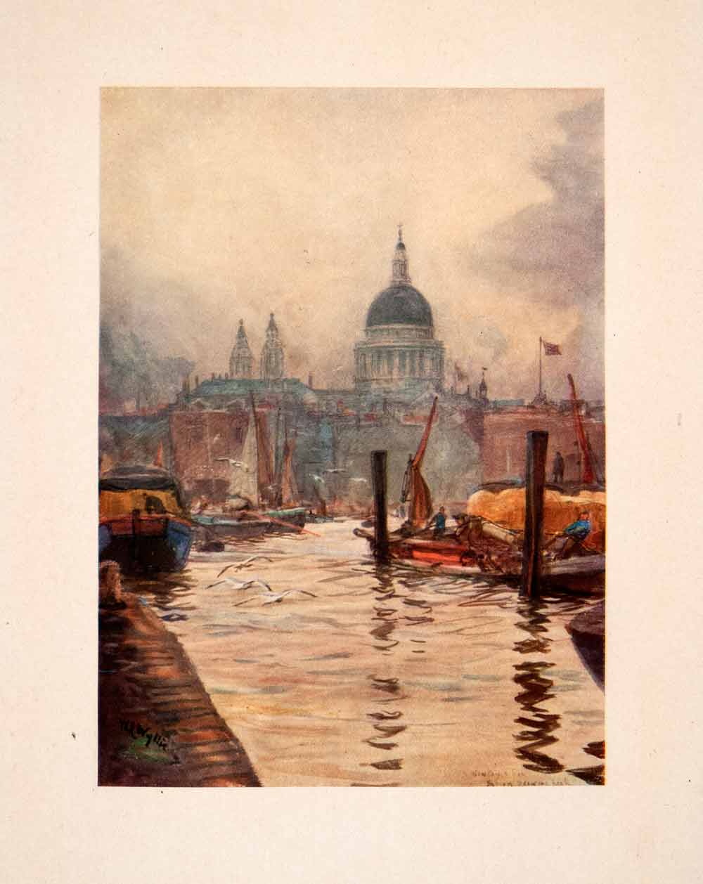 1905 Print St Paul's Cathedral Thames River London Fog William Lionel Wyllie Art