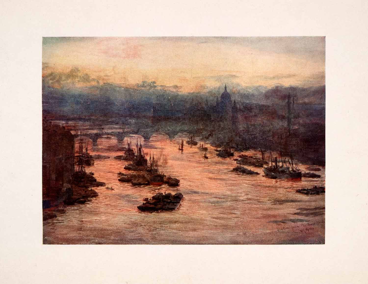 1905 Print London Bridge Thames St. Paul's Cathedral William Lionel Wyllie Art