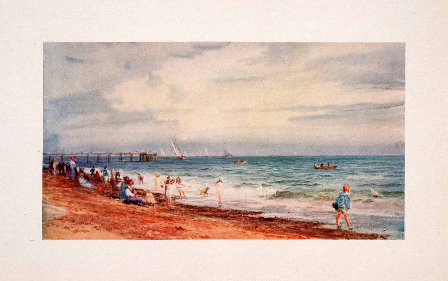 1905 Print Southend-on-Sea Bathers Essex Beach Thames Estuary William Wyllie Art