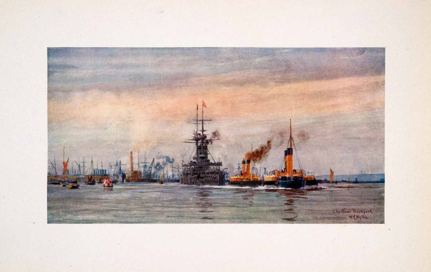 1905 Print Chatham Dockyard Kent Battleship Royal Navy William Lionel Wyllie Art