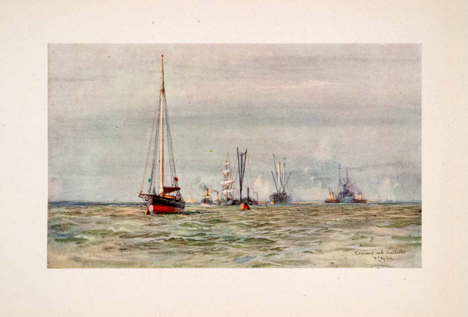 1905 Print Port Victoria Cruisers Coal Hulks Medway Thames William Wyllie Art