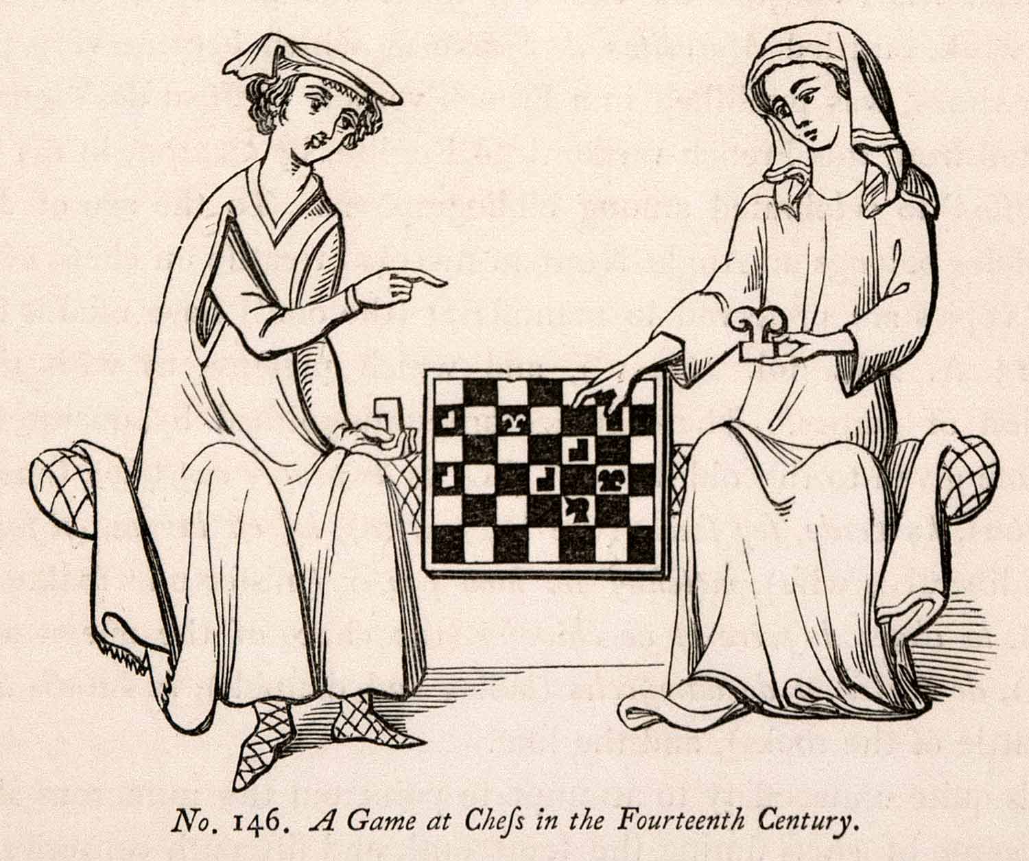 1862 Wood Engraving Frederick William Fairholt Game Chess Women Play Board XGBA4