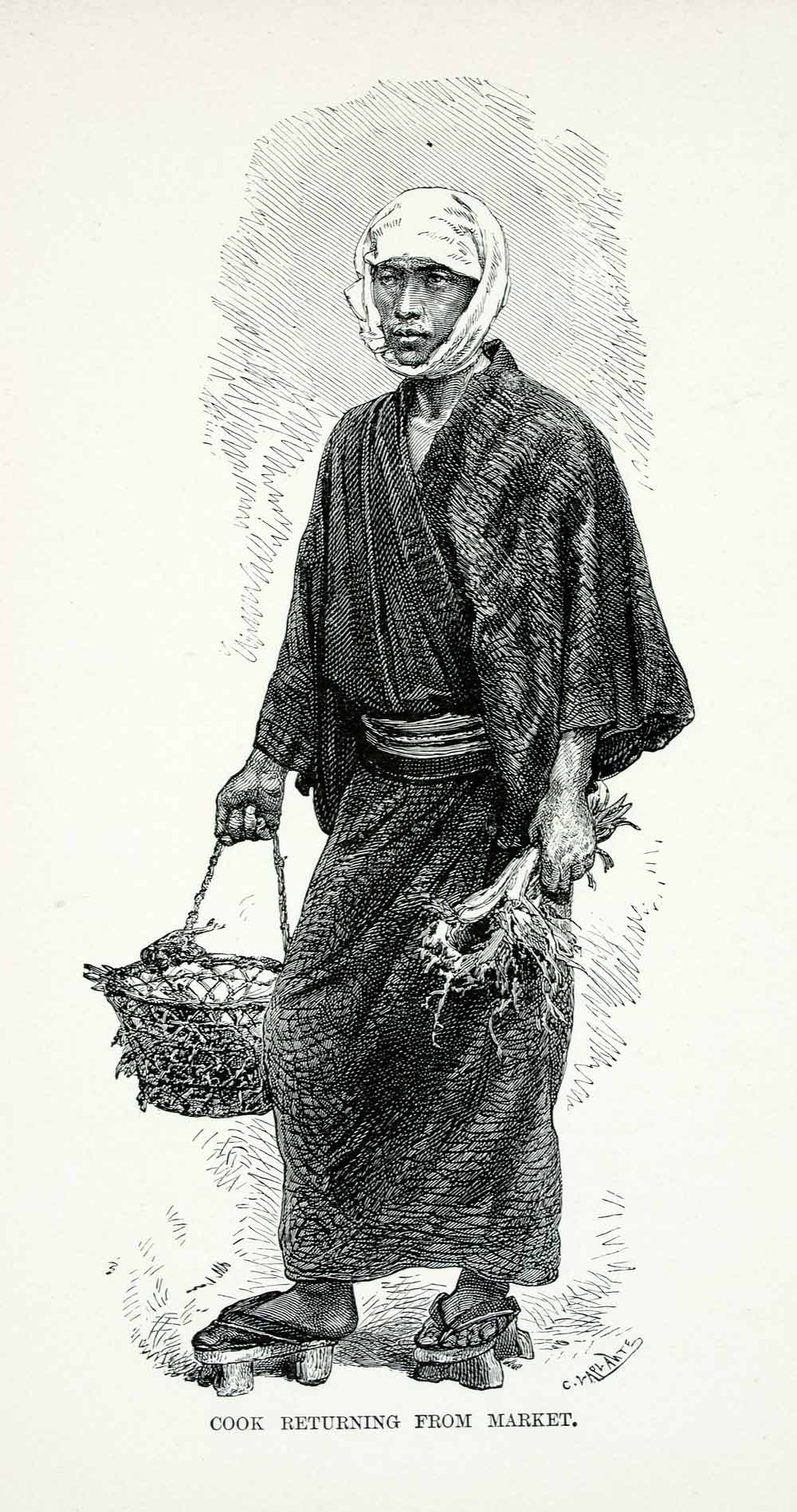 1897 Wood Engraving Japanese Cook Market Kimono Obi Geta Basket Ginger XGBB8