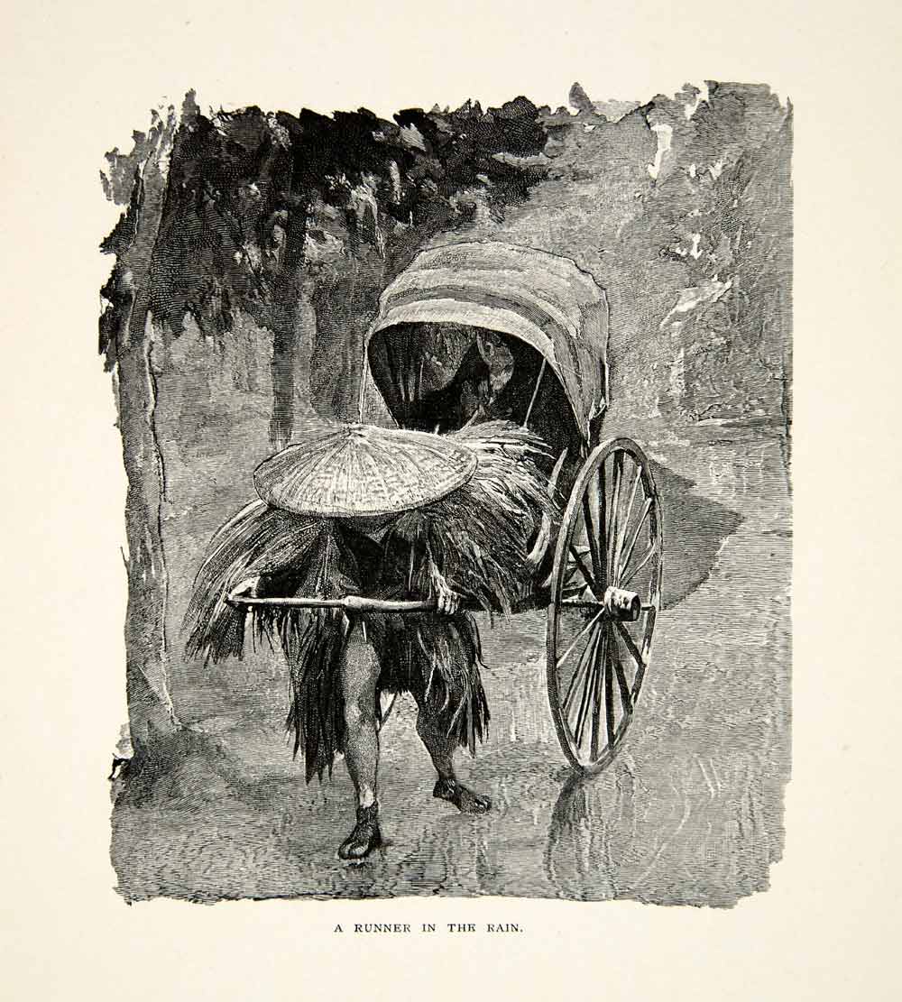 1903 Wood Engraving Rickshaw Jinrikisha Kumura Rain Japan Travel XGBD6