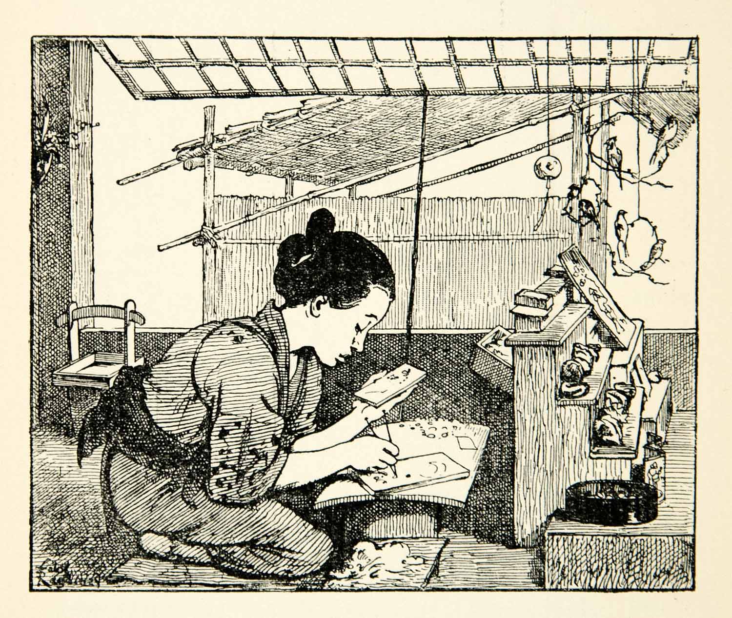 1893 Print Japanese Traditional Artist Painter Workshop Studio O Hana XGCD9