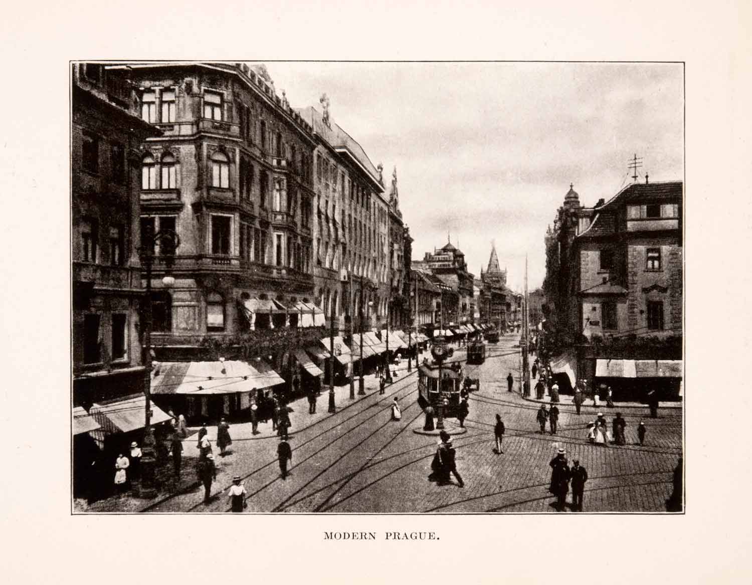 1929 Print Prague Czech Republic Streetscape Cityscape Trolley Historic XGDA5