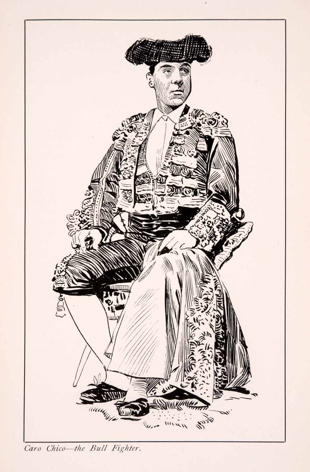 1900 Wood Engraving South America Bullfighter Caro Chico Costume Matador XGEA7