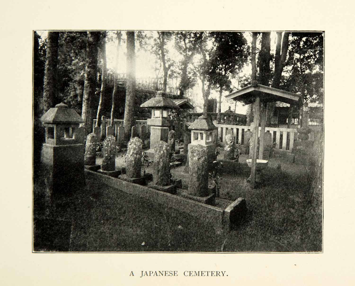 1896 Print Japanese Cemetery Monuments Death Burial Stone Tombstone XGED9