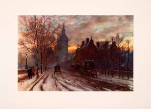 1910 Print Thames Embankment London Sunset Snow Winter Horse Carriage Art XGFA6