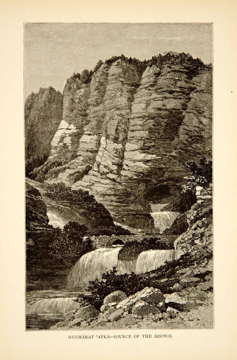 1886 Wood Engraving Art Mugharat Afka Abraham Adonis River Lebanon Middle XGFD6