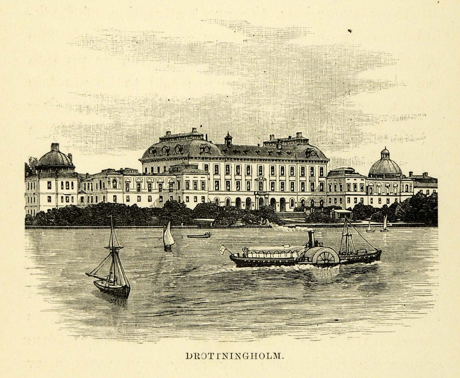 1886 Wood Engraving Drottningholm Sweden Sverige Palace Fortress Royalty XGG2