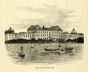 1886 Wood Engraving Drottningholm Sweden Sverige Palace Fortress Royalty XGG2