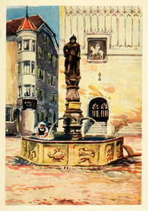 1907 Print St Martin Water Fountain Chur Switzerland Swiss Statue Coire XGG4