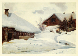 1907 Print Snow Winter Landscape House Pine Switzerland Swiss Effie Jardine XGG4