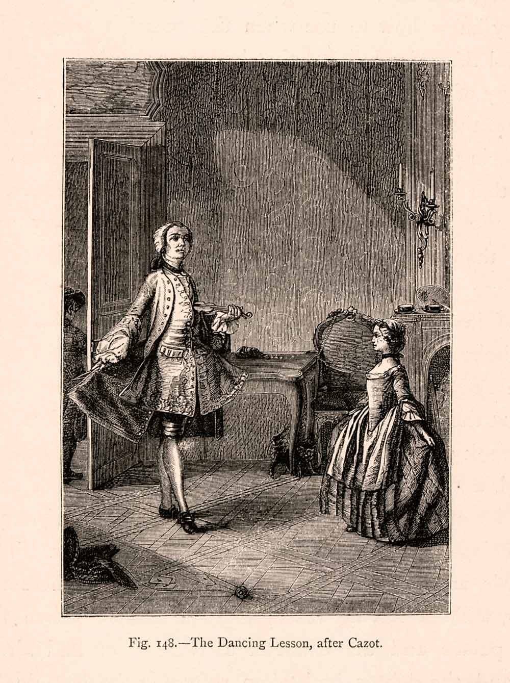 1876 Wood Engraving Dance Lesson Czot Child 18th Century France Instructor XGGA9